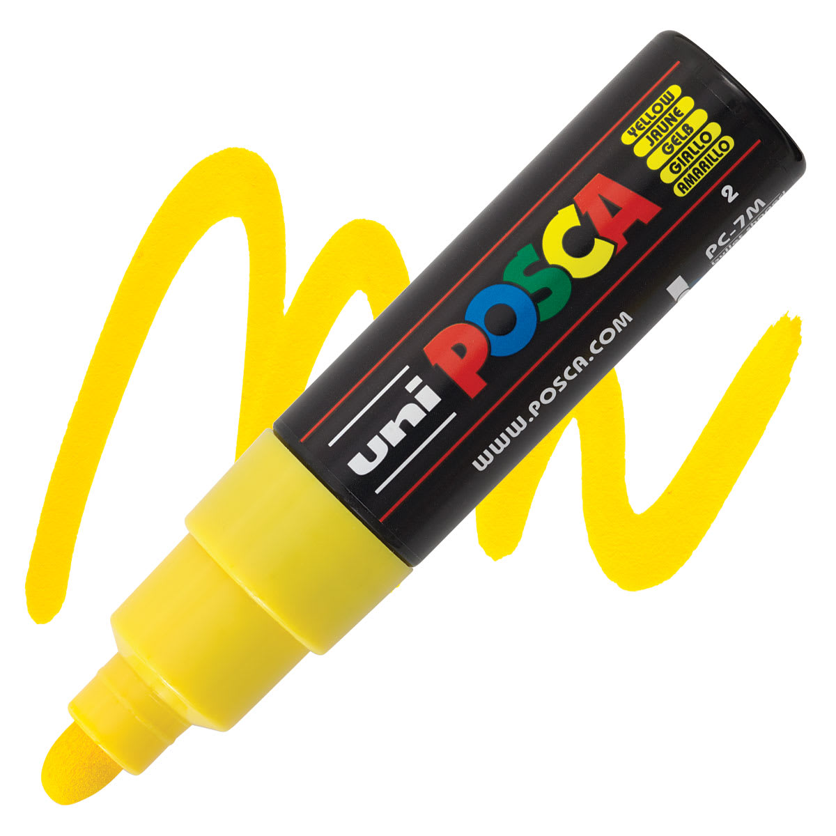 Uni Posca Paint Marker - Yellow, Broad Bullet Tip, 4.5-5.5 mm marker and swatch