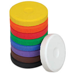 Blick Essentials Tempera Cakes - Set of 9, Small, Classic Colors, stack of cakes with one on the side