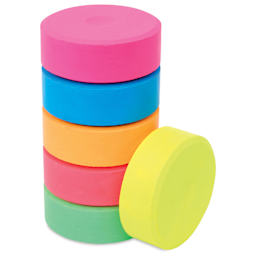 Blick Essentials Tempera Cakes - Set of 6, Medium, Fluorescent Colors, stack of cakes with one on the side