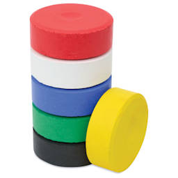 Blick Essentials Tempera Cakes - Set of 6 with Tray, Medium, Primary Colors. stack of cakes with one on the side