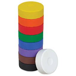 Blick Essentials Tempera Cakes - Large, Set of 9, Classic Colors, stack of cakes with one on the side
