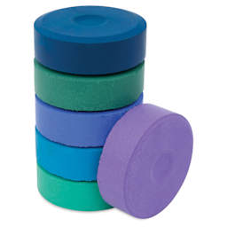 Blick Essentials Tempera Cakes - Set of 6 with Tray, Large, Cool Colors, stack of cakes with one on the side