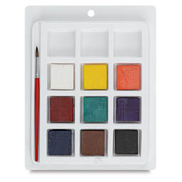 Prang Dry Tempera Cakes - Set of 9 Cakes, Brush and storage tray shown
