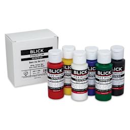 Blick Premium Grade Tempera - Set of 6, Basic Colors, 2 oz in front of packaging