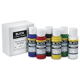 Blick Student Tempera Paints - Set of 6, Basic Colors, 2 oz, set contents next to packaging