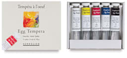 Sennelier Artists Egg Tempera - 5 tubes of 5 pc Set shown in tray with lid adjacent
