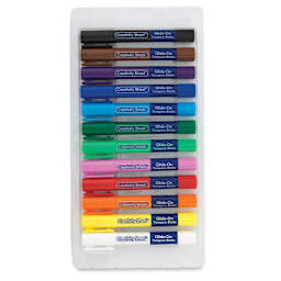 Creativity Street Glide-On Tempera Stick Sets - 12 pc set of colors shown open and in tray