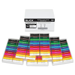 Blick Essentials Tempera Paint Sticks - Set of 144, tempera sticks in front of packaging