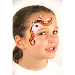 Child with unicorn painted on face with Snazaroo Split Cake Face Paint Set