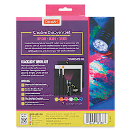 Back of the package for DecoArt Blacklight Neon Art Creative Discovery Set.