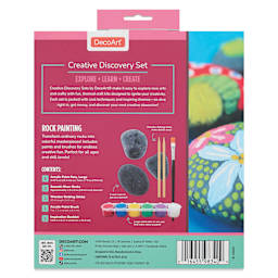 Back of packaging for DecoArt Rock Painting Creative Discovery Set.