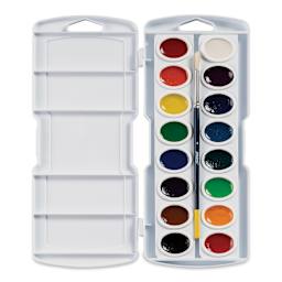 Prang Watercolor Pans - Oval, Assorted, Set of 16 colors open to show colors and brush