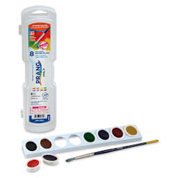 Prang Semi-Moist Watercolor Paint - Oval Pans, Assorted, Set of 8 with pans removed and showing the included brush