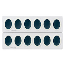 Prang Oval Watercolor Half-Pan Refills arrive packaged in two rows, ready to be separated.