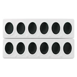 Prang Oval Watercolor Refills arrive packaged in two rows, ready to be separated.