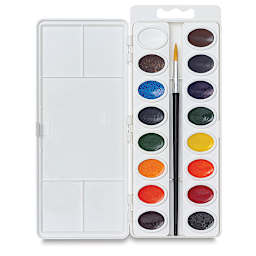 Crayola Educational Watercolor Pans - Set of 16, pack open showing Assorted Colors and paint brush