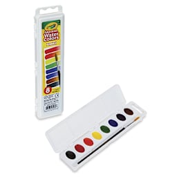 Crayola Educational Watercolor Pan Set - 8 Oval Colors.  Closed and lid-open views of set. 