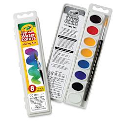 Crayola Educational Watercolor Pan Set - 8 Oval Mixing Colors. Closed and lid-open views of set. 