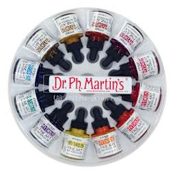 Dr. Ph. Martin's Hydrus Fine Art Liquid Watercolors - Set 3, 12 Assorted colors, 1 oz Bottles, Overhead View