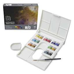 Winsor & Newton Professional Watercolor- Field Set of 14, Assorted Colors, Half Pans (Open set shown with packaging)