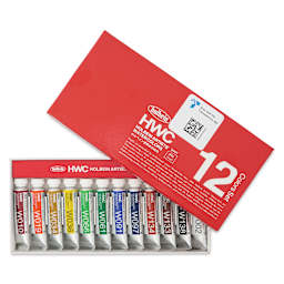 Front of package of the Holbein Artists' Watercolors - Set of 12, Assorted Colors with lid partially off.