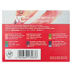 Holbein Artists' Watercolors- Set of 6, Granulating, Birds, 5 ml back of package