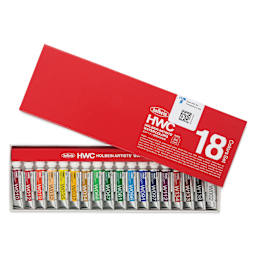 Front of the package of Holbein Artists' Watercolors - Set of 18, Assorted Colors, 5 ml Tubes partially open.