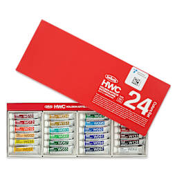 Front of Holbein Artists' Watercolors - Set of 24, Assorted Colors, 5 ml Tubes with the lid partially open.