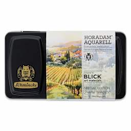 Front of packaging for the Schmincke Horadam Aquarell Watercolors Blick Exclusive! Set of 12, Summer and Autumn, Half Pans