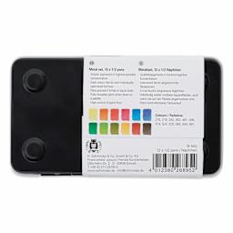 Back of packaging for the Schmincke Horadam Aquarell Watercolors Blick Exclusive! Set of 12, Summer and Autumn, Half Pans