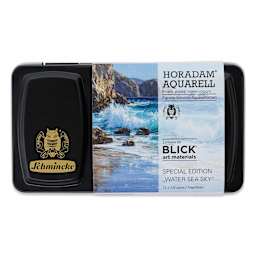 Front of packaging for Schmincke Horadam Aquarell Watercolos Blick Exclusive! Set of 12, Water, Seas, and Skies, Half Pans