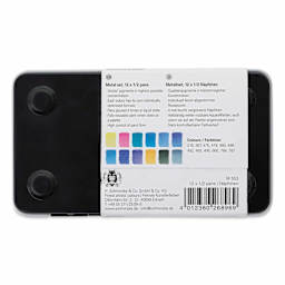 Back of packaging for Schmincke Horadam Aquarell Watercolor Blick Exclusive! Set of 12, Water, Seas, and Skies, Half Pans