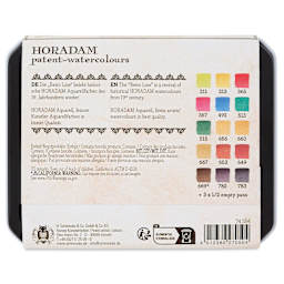Back of package for Blick Exclusive! Schmincke Horadam Aquarell Watercolor Pans - Set of 15, Retro I , Half Pans