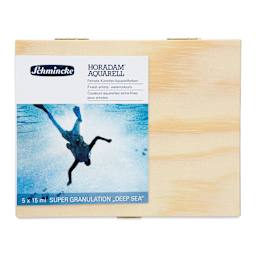 Schmincke Horadam Aquarell Artist Watercolor - Deep Sea, Supergranulation, Wood Box, Set of 5, 15 ml, Tubes (Front of case)