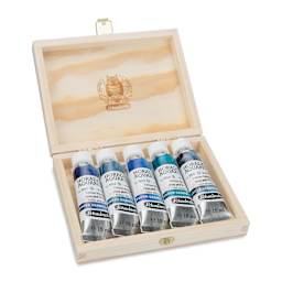 Schmincke Horadam Aquarell Artist Watercolor - Deep Sea, Supergranulation, Wood Box, Set of 5, 15 ml, Tubes (Tubes in case, Lid open)