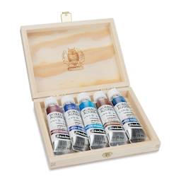 Schmincke Horadam Aquarell Artist Watercolor - Galaxy, Supergranulation, Wood Box, Set of 5, 15 ml, Tubes (Tubes in case, Lid open)