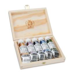 Schmincke Horadam Aquarell Artist Watercolor - Tundra, Supergranulation, Wood Box, Set of 5, 15 ml, Tubes (Tubes in case, Lid open)