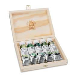 Schmincke Horadam Aquarell Artist Watercolor - Forest, Supergranulation, Wood Box, Set of 5, 15 ml, Tubes (Tubes in case, Lid open)