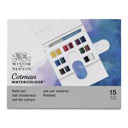 Winsor & Newton Cotman Watercolors - Compact Set, Assorted Colors, Set of 14, Half Pans (Front of packaging)