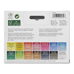 Winsor & Newton Cotman Watercolors - Compact Set, Assorted Colors, Set of 14, Half Pans (Back of packaging)