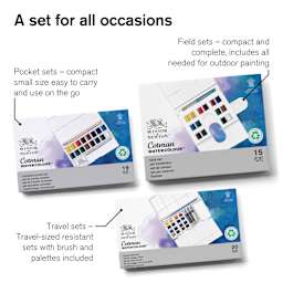 A set for all occasions. Pocket Sets - compact small size easy to carry. Field Sets - compact and complete. Travel Set - travel sized resistant sets with brush and palettes.