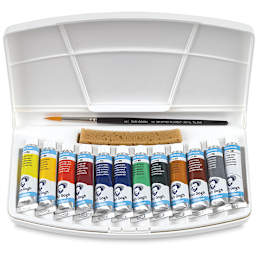Van Gogh Watercolors Set- 12- Tube Set, inside package view with sponge, brush and palette lid

