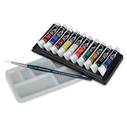 Grumbacher Academy Watercolor Tubes and Sets, set of 10, Side view with palette and brush