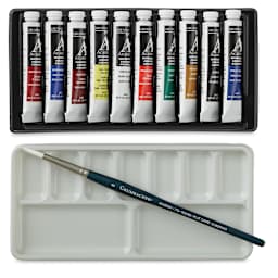 Grumbacher Academy Watercolor Tubes and Sets, set of 10, Front view with palette and brush