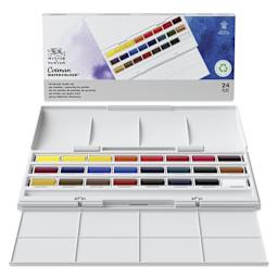 Winsor & Newton Cotman Watercolors- Studio Set of 24, Assorted Colors, Full Pans, open with packaging