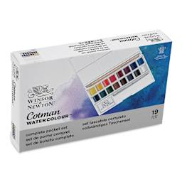 Winsor & Newton Cotman Watercolor - Complete Pocket Set, Set of 16, Assorted Colors, Half Pans (Front of packaging, Angled view)