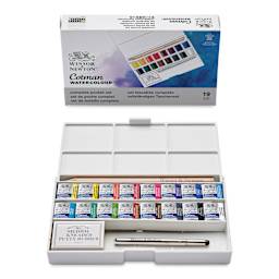 Winsor & Newton Cotman Watercolor - Complete Pocket Set, Set of 16, Assorted Colors, Half Pans (Front of packaging shown with open set)