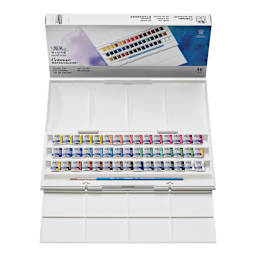 Winsor & Newton Cotman Watercolor - Studio Set, Set of 45, Assorted Colors, Half Pans (Front of packaging shown with open set)