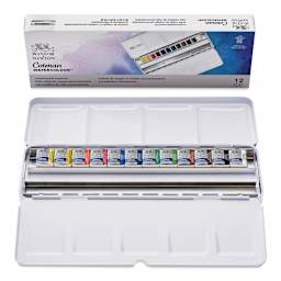 Winsor & Newton Cotman Watercolor Set - Customizable Travel Tin, Set of 12, Assorted Colors, Half Pans (Front of packaging shown with open set)