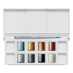 Winsor & Newton Cotman Watercolors - Metallic Pocket Set, Set of 8, Half Pans (Lid open, Shown with brush)